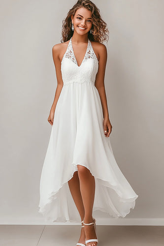 Halter A Line Vit Chiffong High-Low Graduation Klänning
