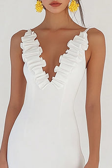 Bodycon Volang Satin Vit Examensklänning
