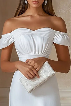 Off The Shoulder Satin Slida Liten Vit Klänning