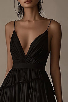 A Line V-ringad Black Tie Klänning med volanger