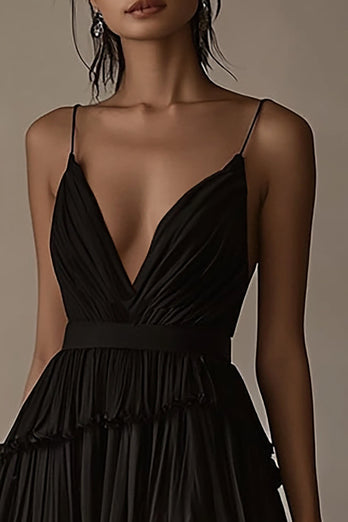 A Line V-ringad Black Tie Klänning med volanger