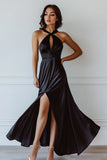 Satin Halter Black Tie Klänning med slits