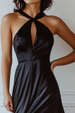 Satin Halter Black Tie Klänning med slits