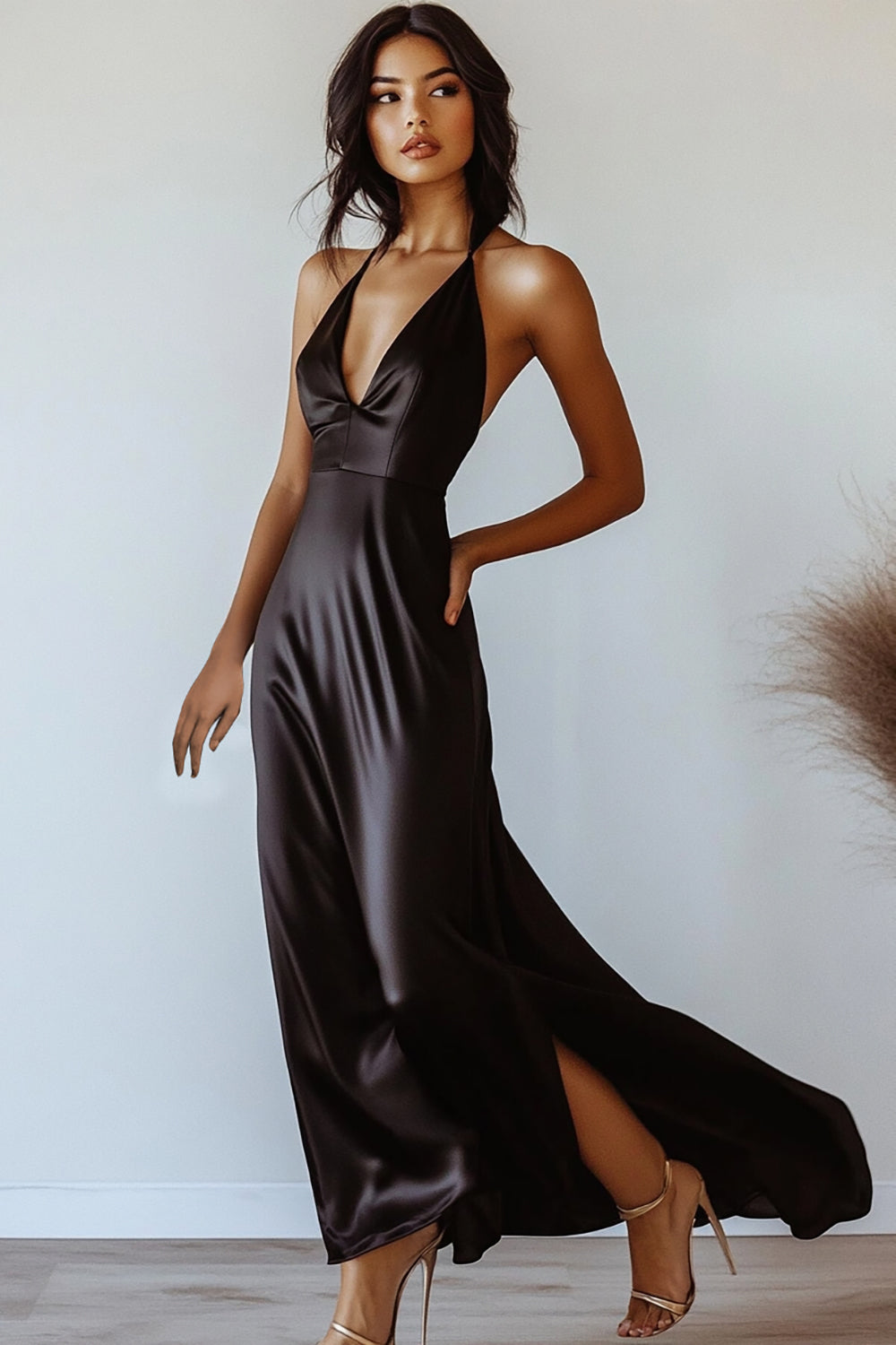 Satin A Line Halter Black Tie Klänning med slits