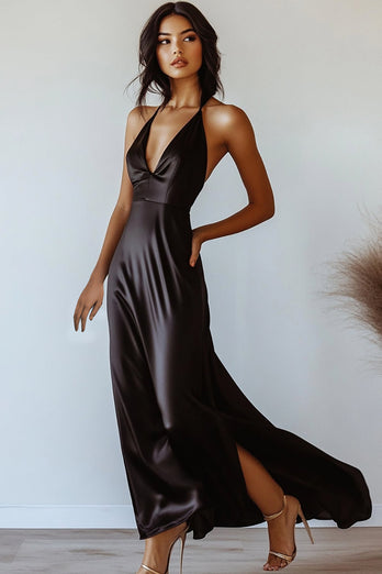 Satin A Line Halter Black Tie Klänning med slits