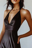 Satin A Line Halter Black Tie Klänning med slits