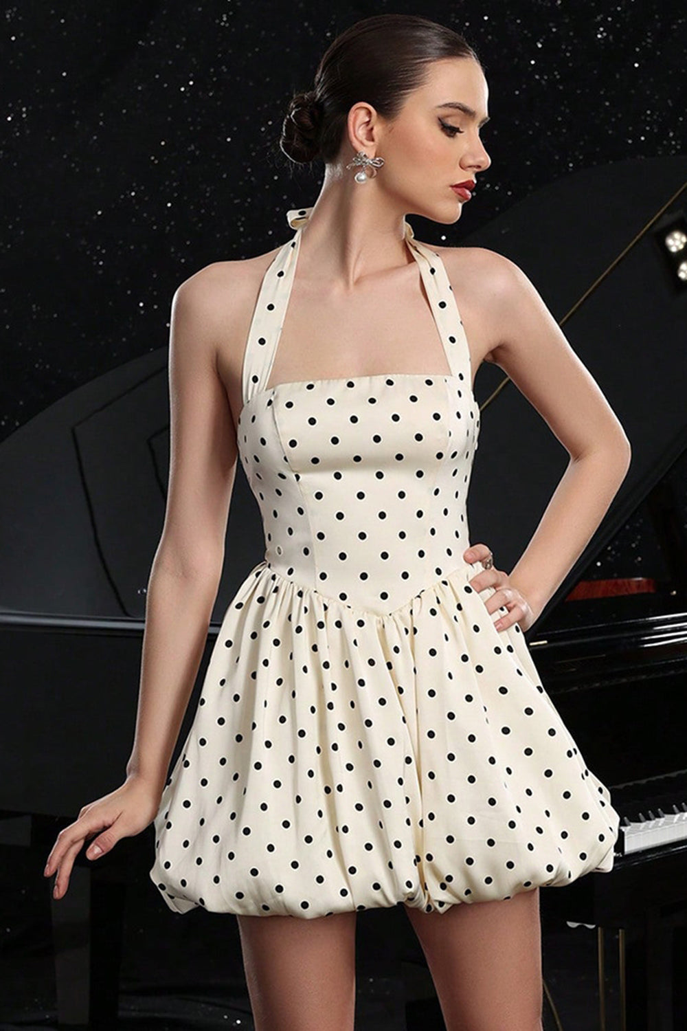 Elfenben Halter Polka Dots A Line Cocktail Klänning