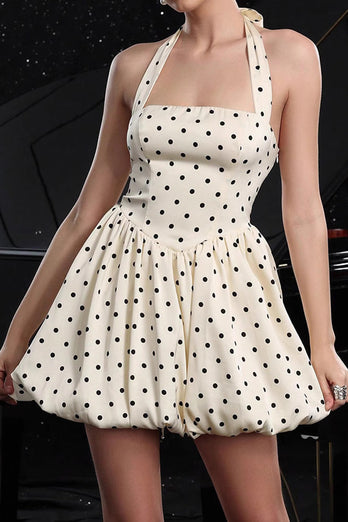 Elfenben Halter Polka Dots A Line Cocktail Klänning
