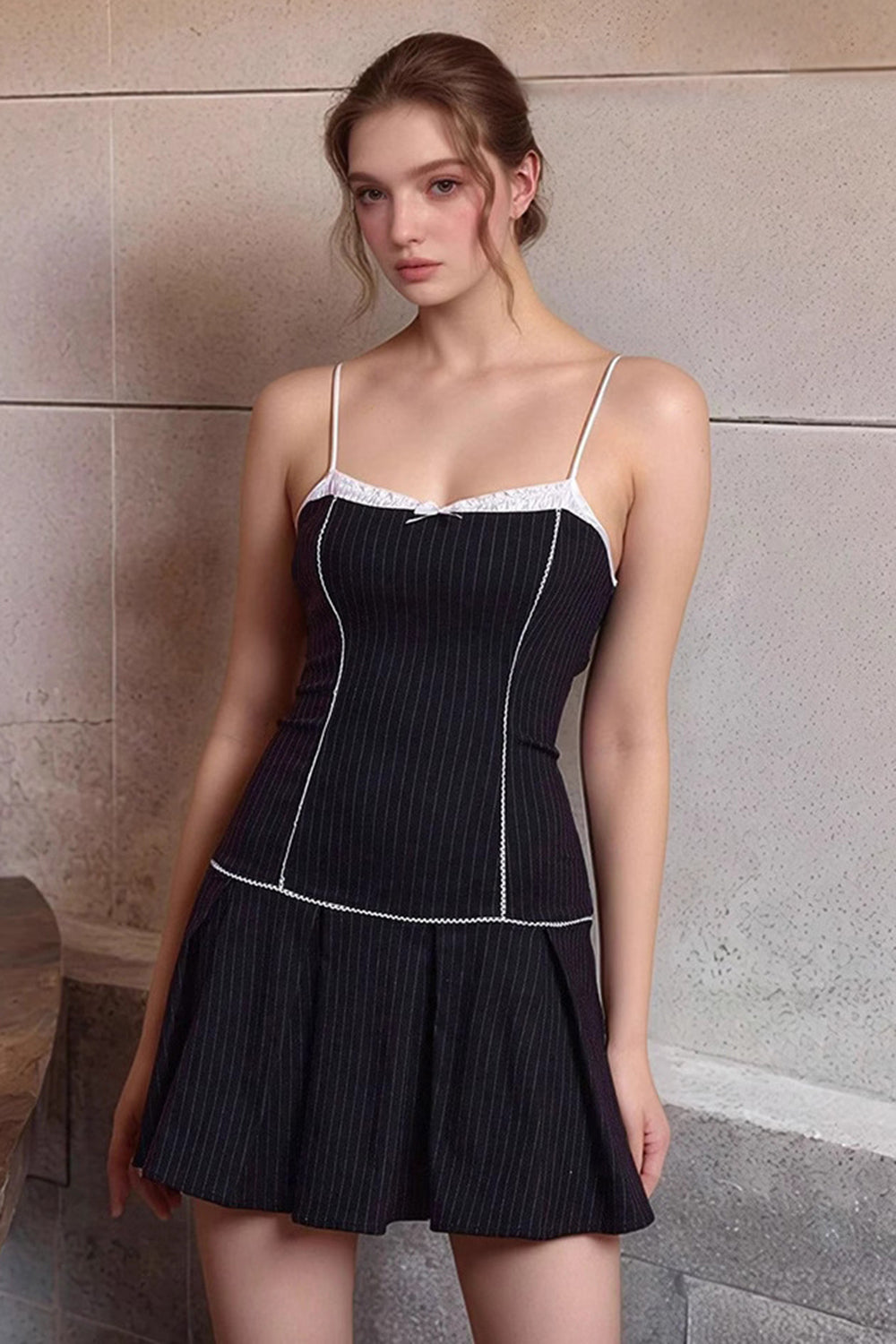 Svart Randig Spaghetti Straps A Line Cocktail Klänning