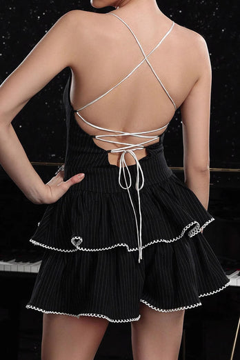Svart Tiered Spaghetti Straps En linje Randig Cocktail Klänning