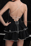 Svart Tiered Spaghetti Straps En linje Randig Cocktail Klänning
