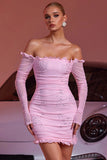 Off The Shoulder Rosa Bodycon Cocktail Klänning Med Beading