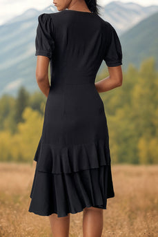 Svart V-ringad A Line Ruffled Midi Sommarklänning