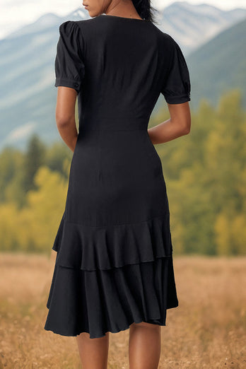 Svart V-ringad A Line Ruffled Midi Sommarklänning
