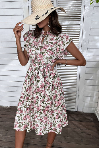 Vit Rosa Blommig En linje Plisserad Sommarklänning