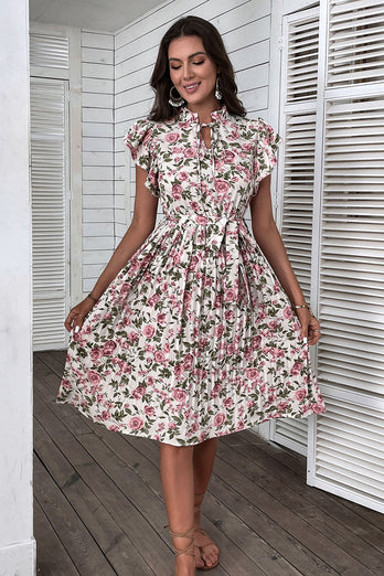 Vit Rosa Blommig En linje Plisserad Sommarklänning