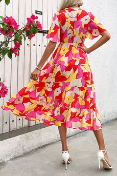 Blommig tryckt Fuchsia A Line Sommarklänning med Bälte