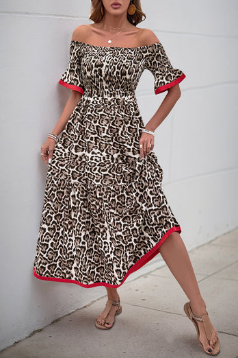 Brun Leopard Off Shoulder En Linje Sommarklänning