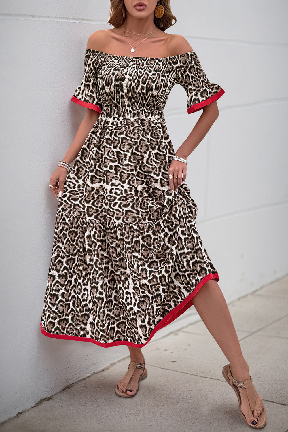 Brun Leopard Off Shoulder En Linje Sommarklänning