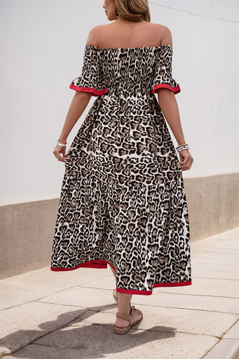 Brun Leopard Off Shoulder En Linje Sommarklänning