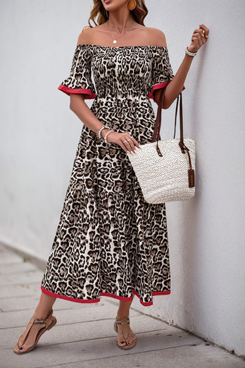 Brun Leopard Off Shoulder En Linje Sommarklänning