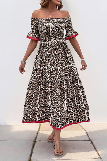 Brun Leopard Off Shoulder En Linje Sommarklänning