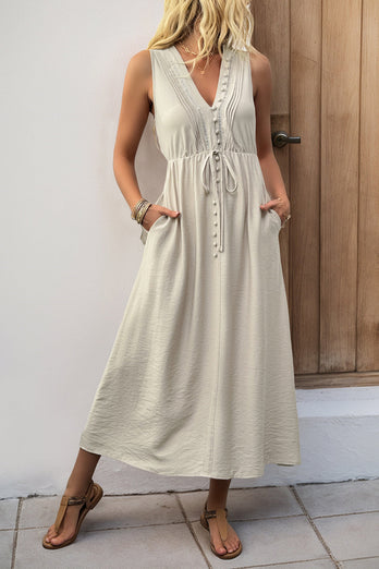 V-ringad Khaki A Line Casual Sommarklänning med fickor