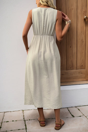 V-ringad Khaki A Line Casual Sommarklänning med fickor