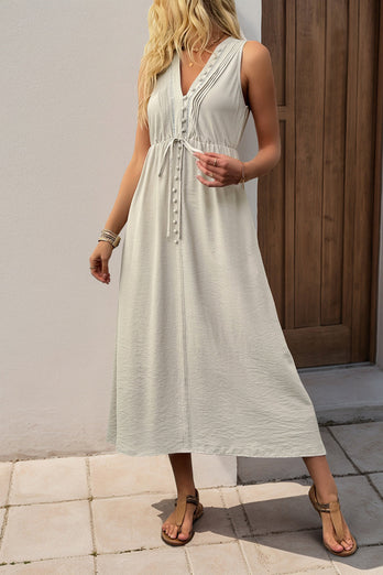 V-ringad Khaki A Line Casual Sommarklänning med fickor