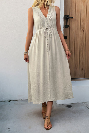 V-ringad Khaki A Line Casual Sommarklänning med fickor