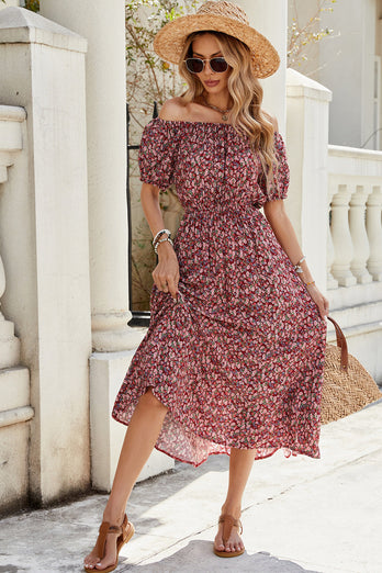 Off The Shoulder Vinröd Blommig Lång Sommarklänning