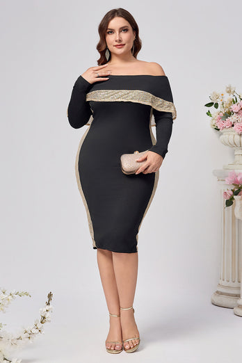 Plus Size Svart Bodycon Satin Knälång Klänning för Brudens Mor