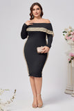 Plus Size Svart Bodycon Satin Knälång Klänning för Brudens Mor