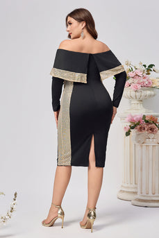 Plus Size Svart Bodycon Satin Knälång Klänning för Brudens Mor