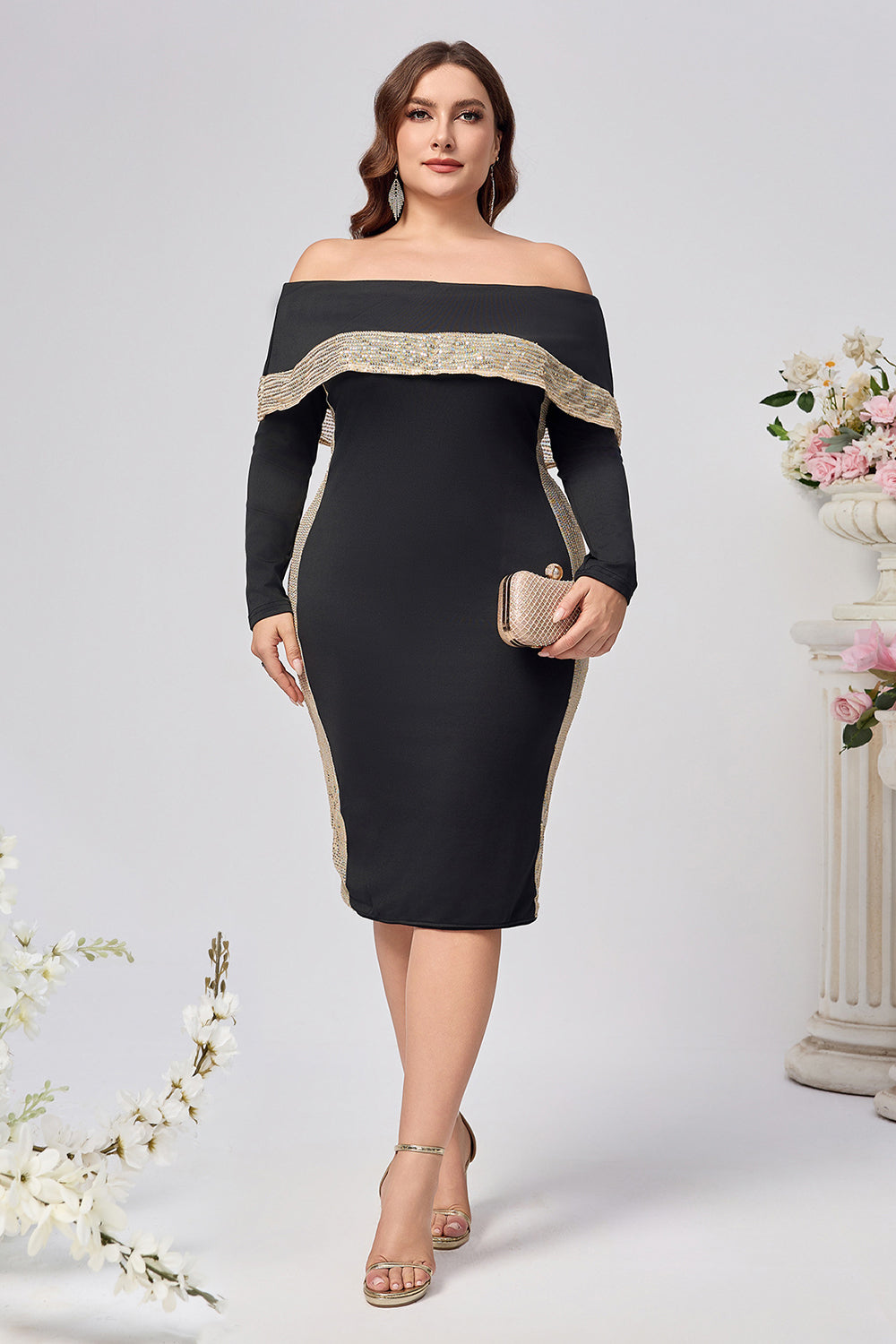 Plus Size Svart Bodycon Satin Knälång Klänning för Brudens Mor