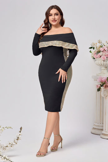 Plus Size Svart Bodycon Satin Knälång Klänning för Brudens Mor