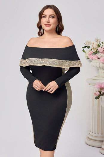 Plus Size Svart Bodycon Satin Knälång Klänning för Brudens Mor