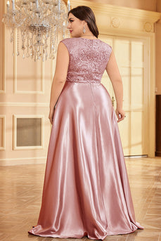 Rodnande Rosa Plus Size Satin Lång Klänning För Brudens Mor
