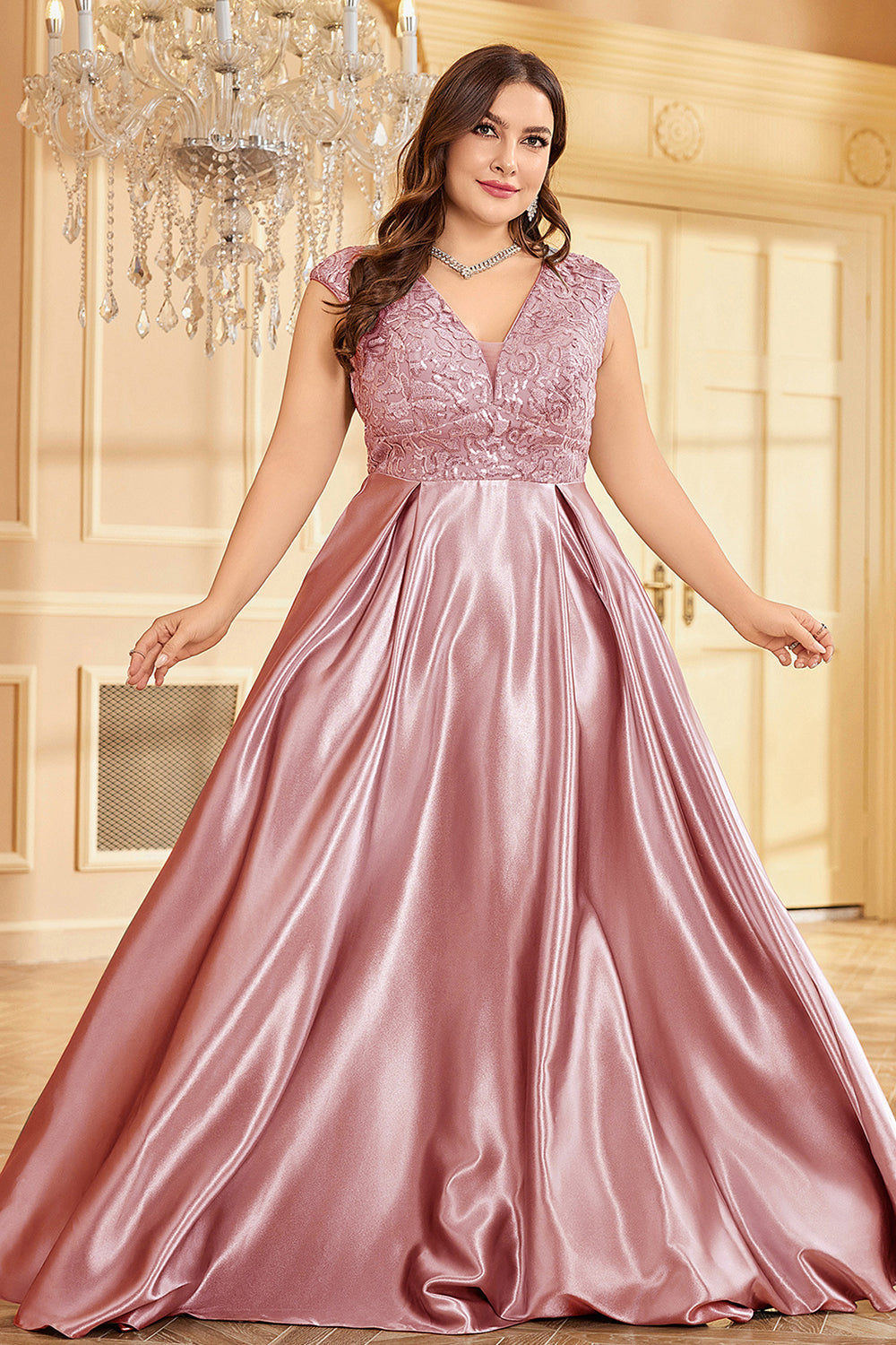 Rodnande Rosa Plus Size Satin Lång Klänning För Brudens Mor