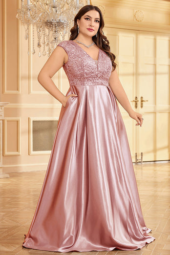 Rodnande Rosa Plus Size Satin Lång Klänning För Brudens Mor