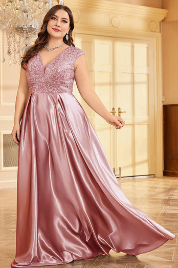 Rodnande Rosa Plus Size Satin Lång Klänning För Brudens Mor