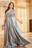Rodnande Rosa Plus Size Satin Lång Klänning För Brudens Mor