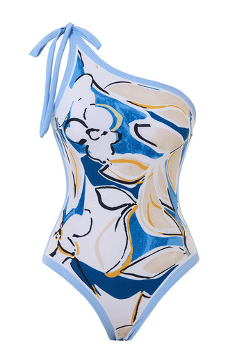 One Shoulder Print Beach Blue Baddräkt