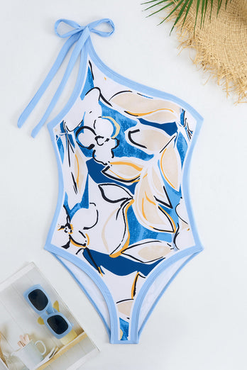 One Shoulder Print Beach Blue Baddräkt