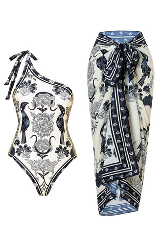 Svart Vit One Shoulder Print Beach Baddräkt med Cover Up