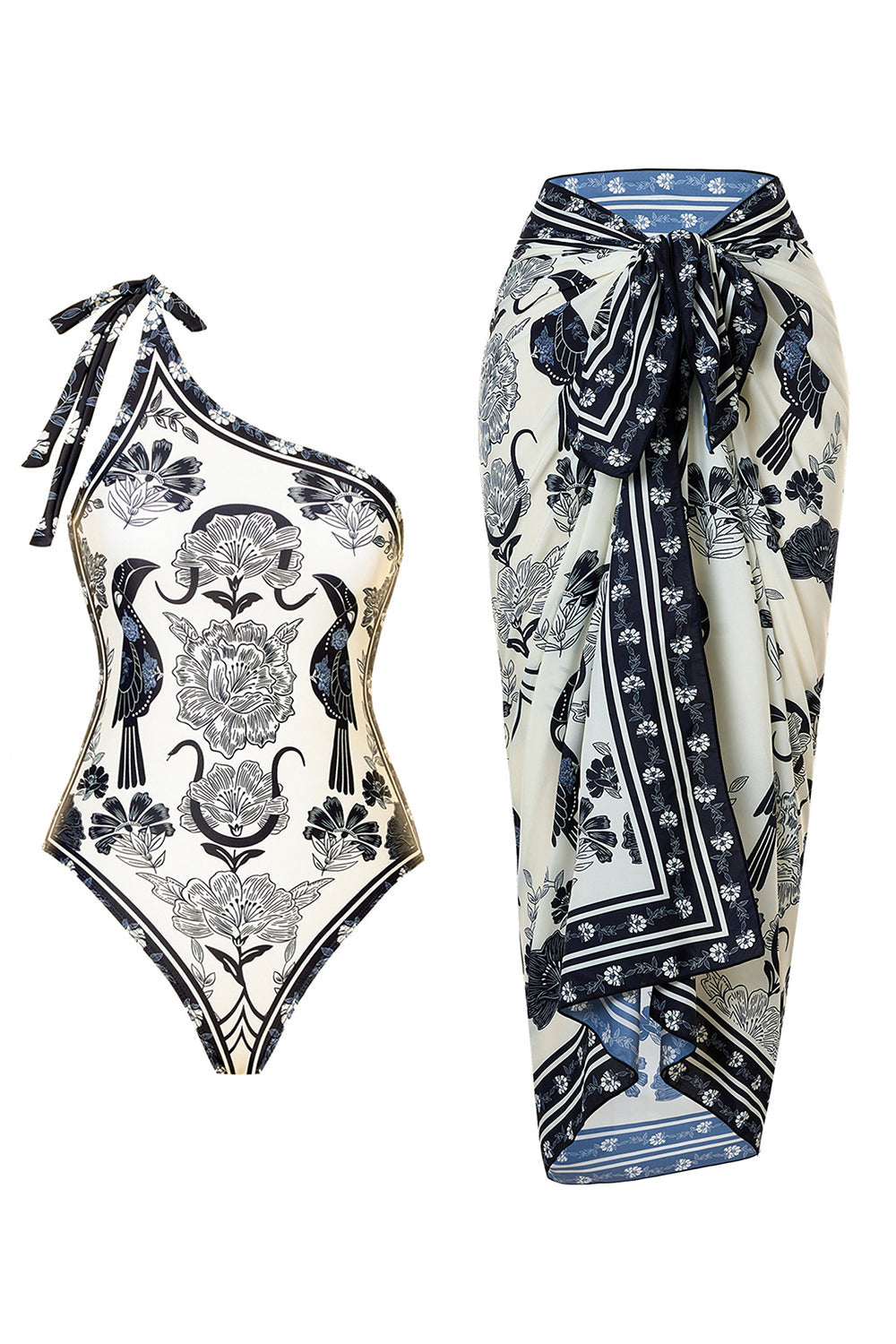 Svart Vit One Shoulder Print Beach Baddräkt med Cover Up