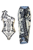 Svart Vit One Shoulder Print Beach Baddräkt med Cover Up
