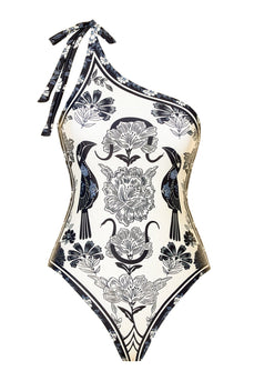Svart Vit One Shoulder Print Beach Baddräkt med Cover Up