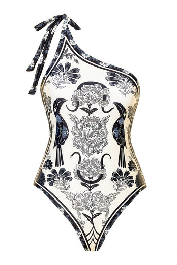 Svart Vit One Shoulder Print Beach Baddräkt med Cover Up