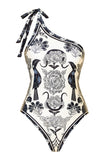 Svart Vit One Shoulder Print Beach Baddräkt med Cover Up